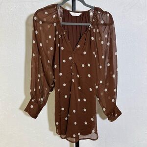 Lauren Conrad Large Brown & White Polka Dot Sheer Long-Sleeve Blouse